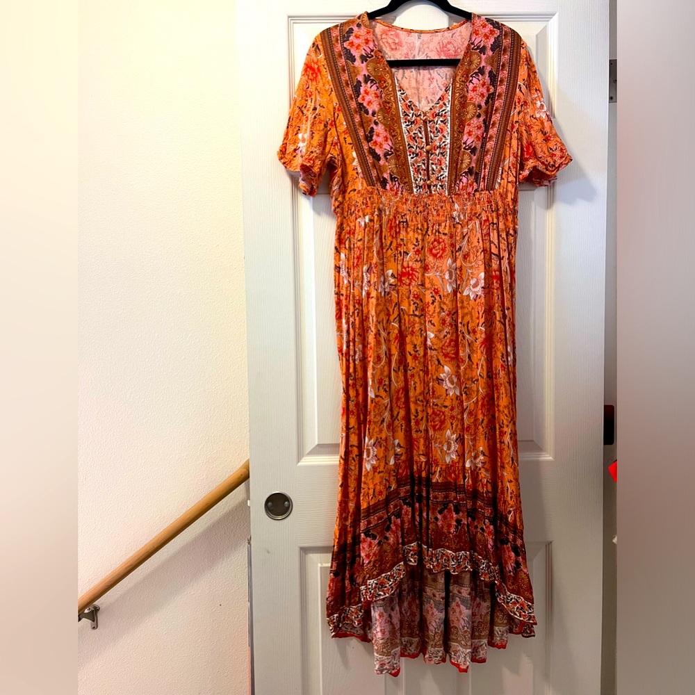 Floral Paisley Print Smocked MIDI Dress